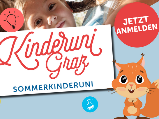 Kinder untersuchen mit einer Lupe, davor der Banner der KinderUniGraz